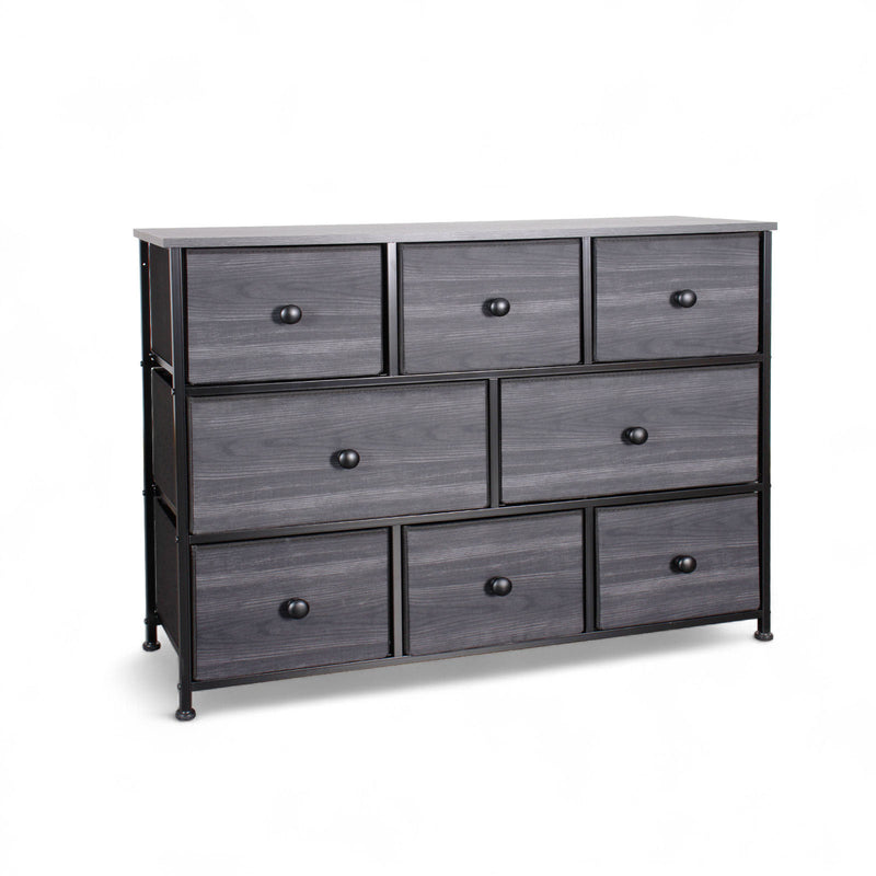 8-Drawer Fabric Dresser with wood top in charcoal black – a spacious and stylish storage solution for NZ homes.