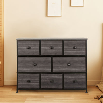 Modern charcoal black fabric dresser with eight drawers and a wood top, ideal for NZ bedrooms.