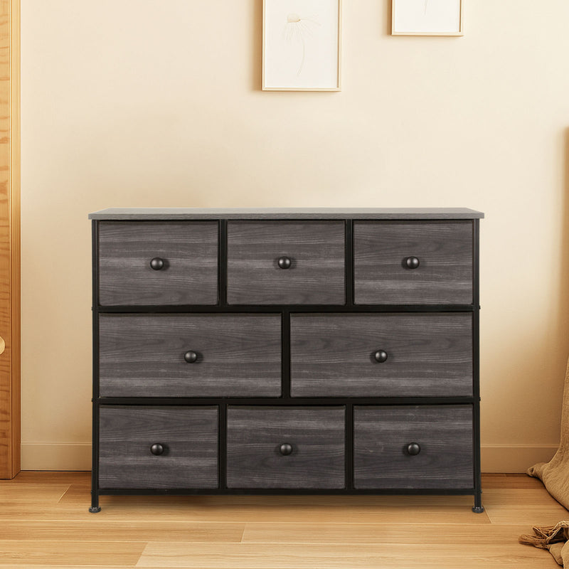 Modern charcoal black fabric dresser with eight drawers and a wood top, ideal for NZ bedrooms.