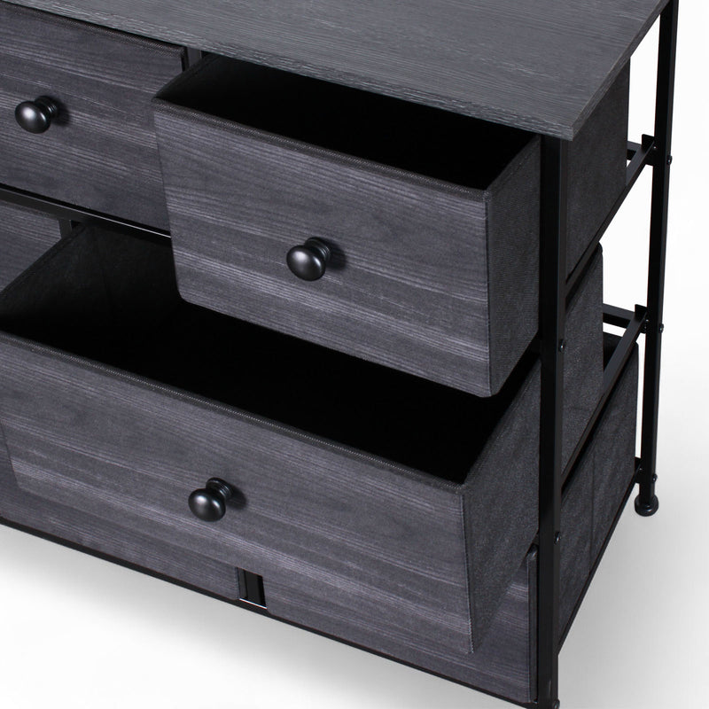Functional and stylish charcoal black dresser with eight drawers and wood finish for NZ interiors.