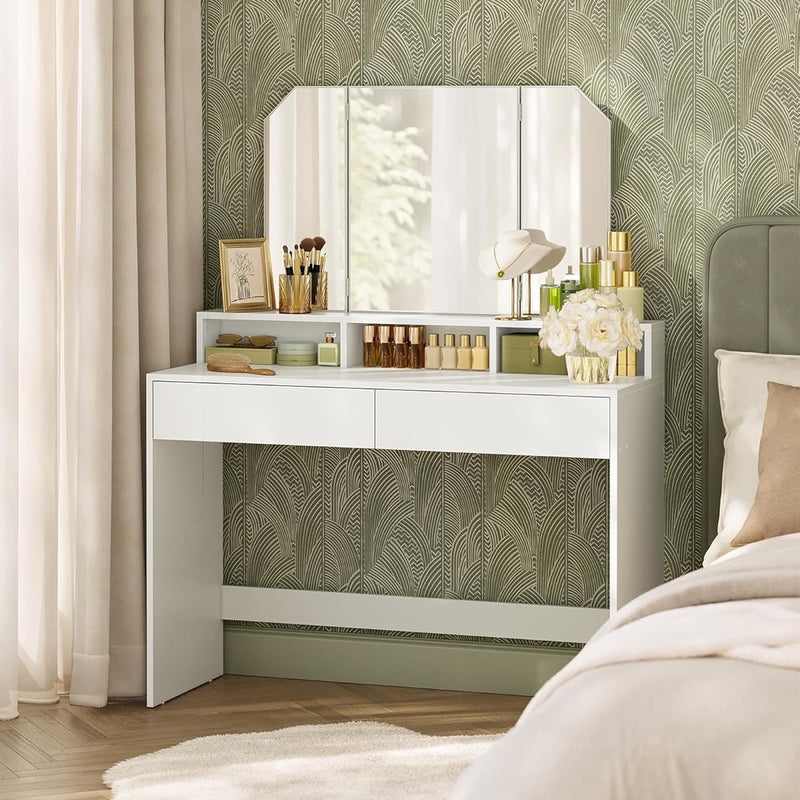 Dressing Table with Tri-Fold Mirror And Drawers