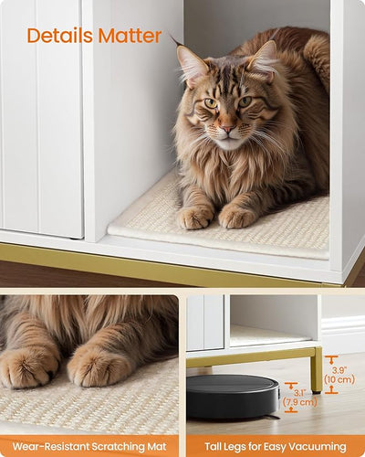 Cat Litter Box Cabinet with Scratching Mat – White & Gold