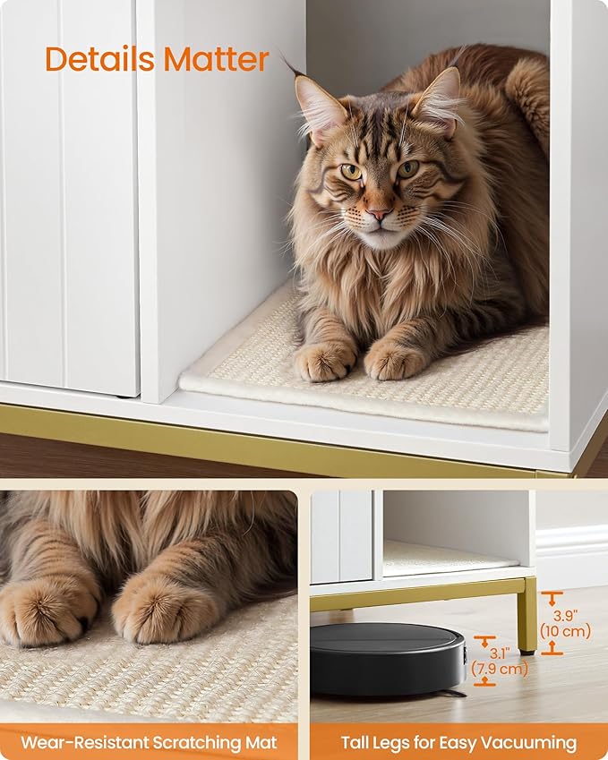 Cat Litter Box Cabinet with Scratching Mat – White & Gold