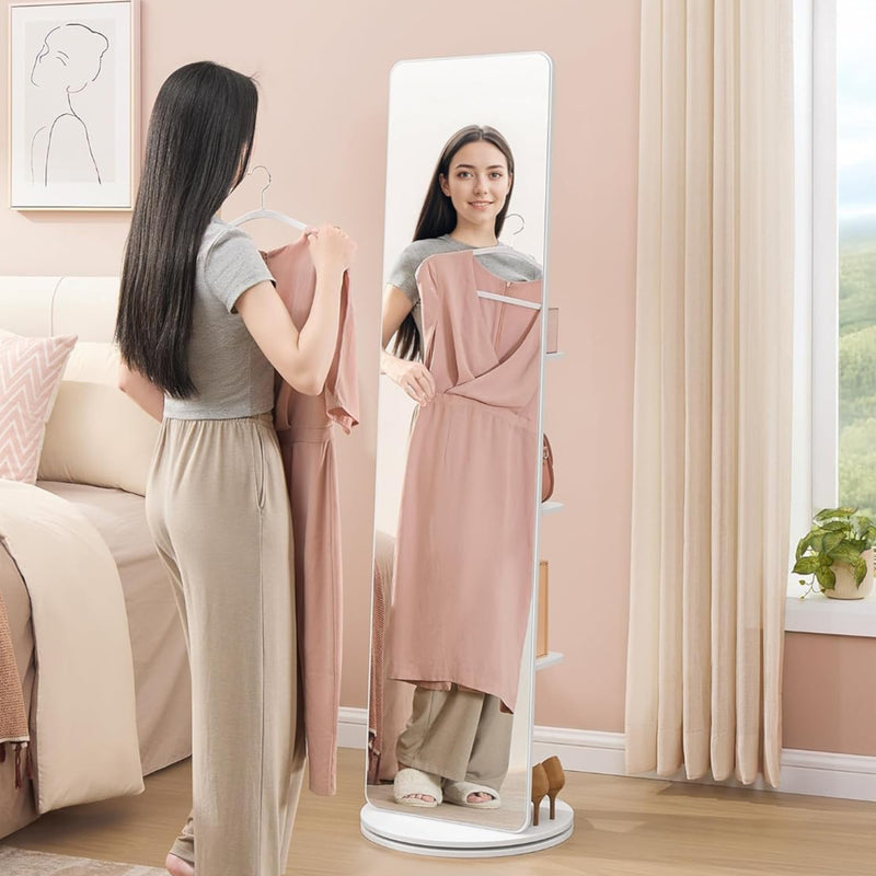 Standing Mirror with Shelves & Hooks – Cloud White