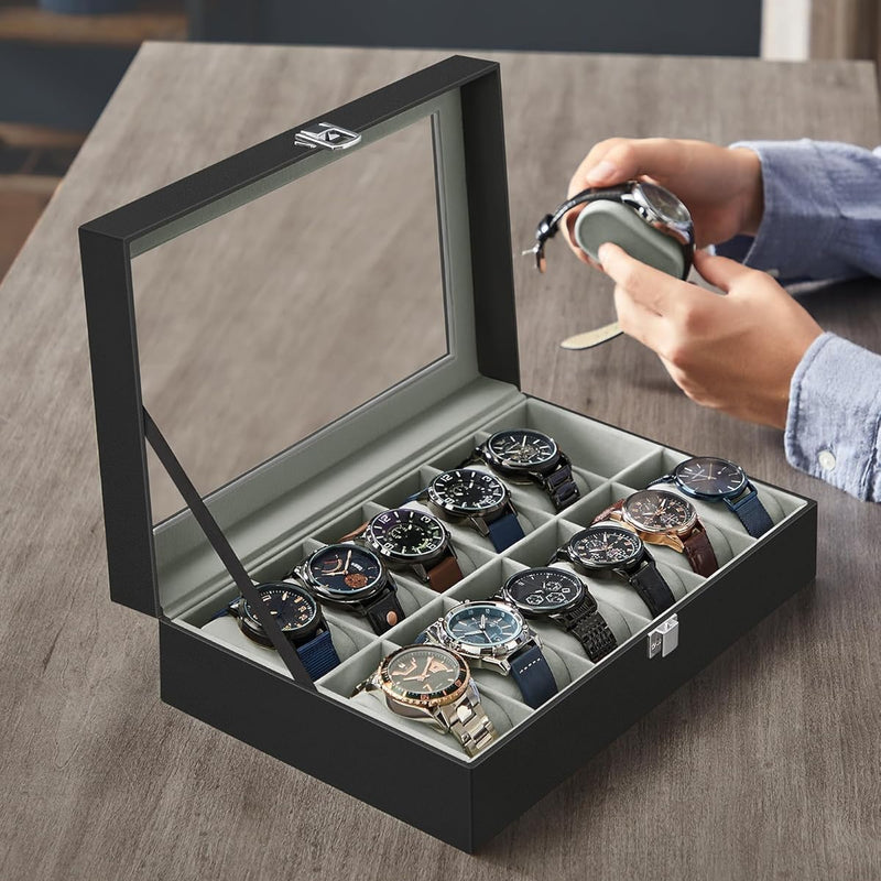 12-Slot Watch Box With Glass Lid