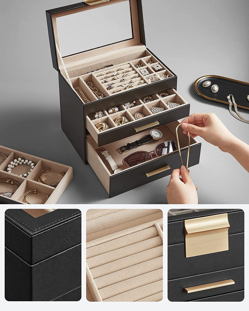 Jewellery Box Organiser 4-Tier With 3 Drawers - Black