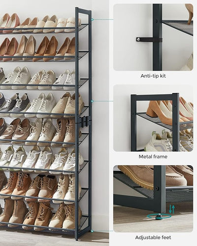 8 Tier Metal Stackable Shoe Rack - Charcoal Grey