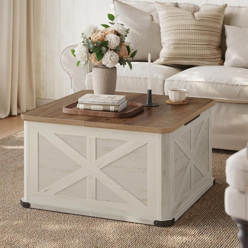 Farmhouse Square Coffee Table With Flip-Top Lids