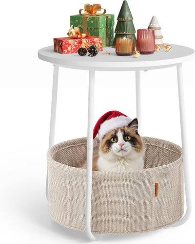 Round Side Table With Fabric Storage Basket - Beige