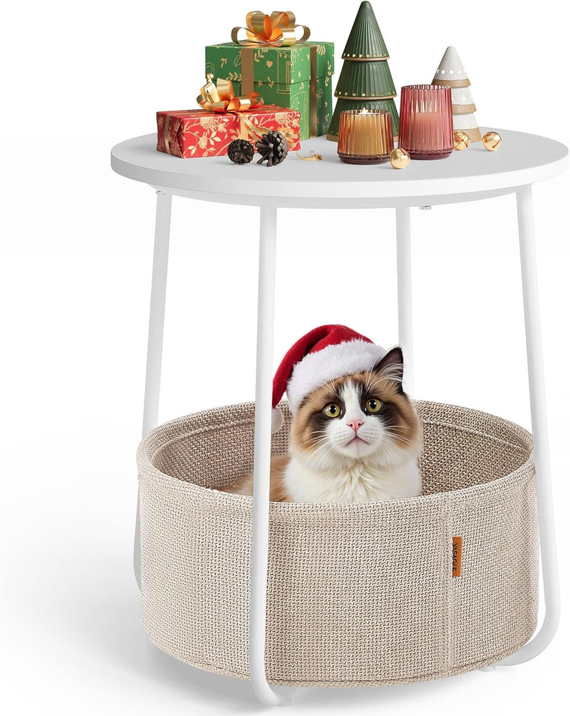 Round Side Table With Fabric Storage Basket - Beige