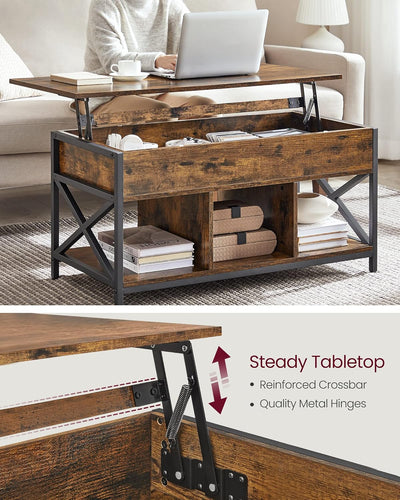 Lift Top Coffee Table with Storage Shelf - Rustic Brown