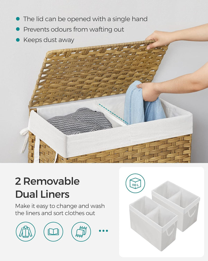 Rattan Laundry Basket 110L with Removable Liner Bag