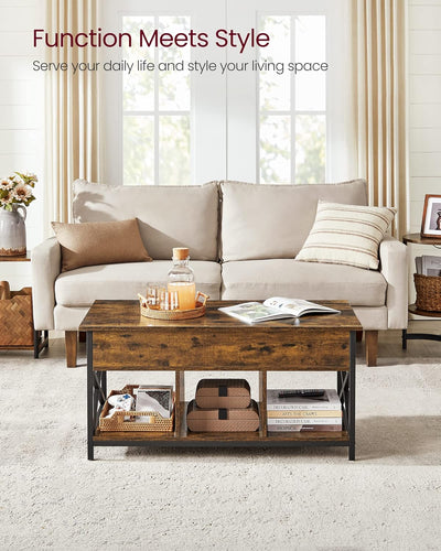 Lift Top Coffee Table with Storage Shelf - Rustic Brown