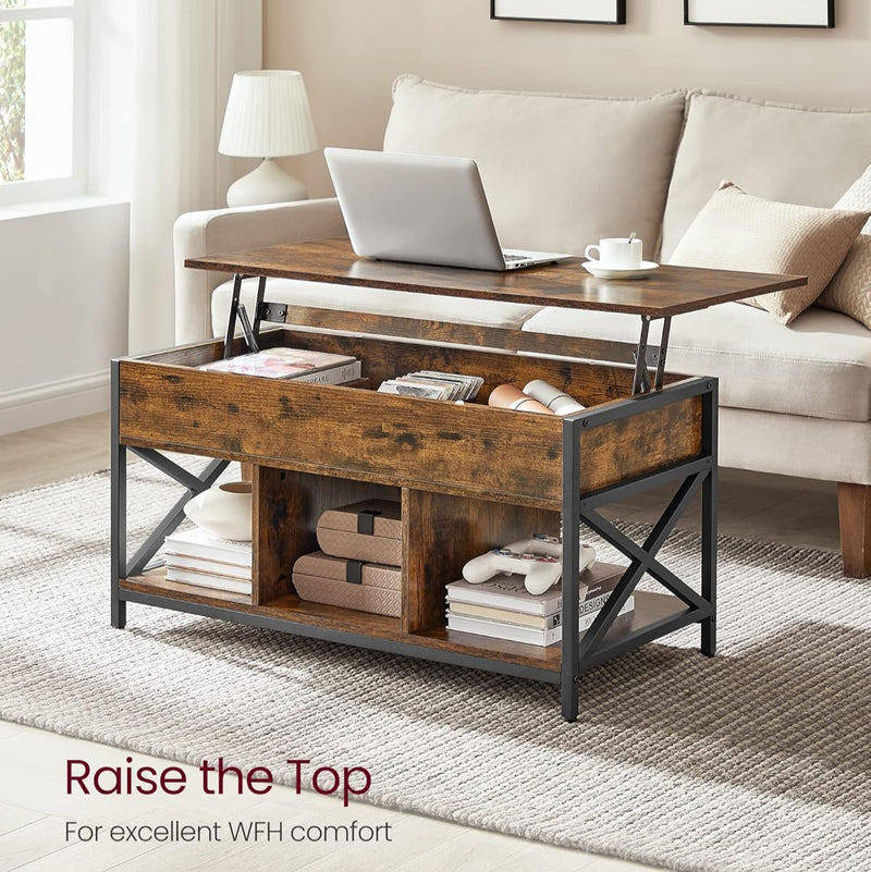 Lift Top Coffee Table with Storage Shelf - Rustic Brown