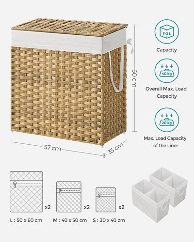 Rattan Laundry Basket 110L with Removable Liner Bag