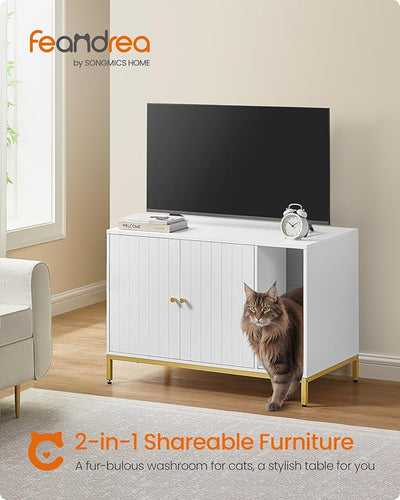 Cat Litter Box Cabinet with Scratching Mat – White & Gold