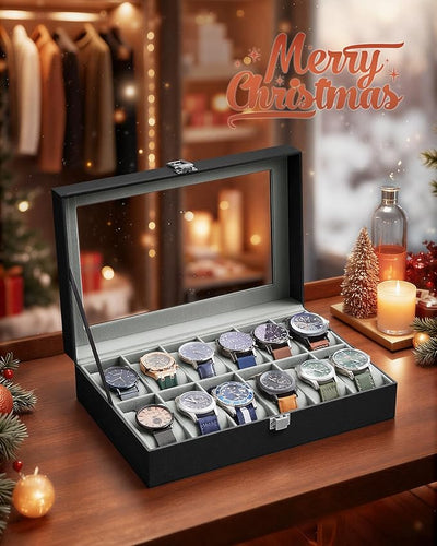 Watch Box With Glass Lid 12-Slot Black