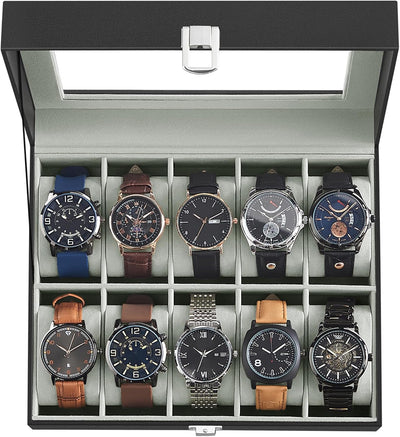 Watch Box With Glass Lid 10-Slot Black