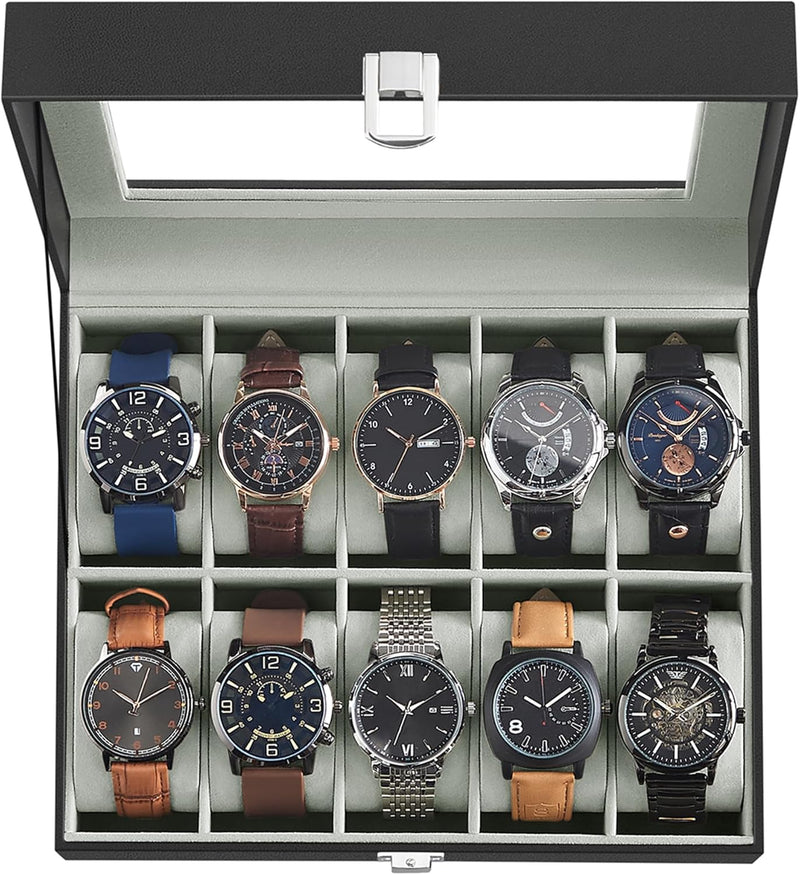 Watch Box With Glass Lid 10-Slot Black