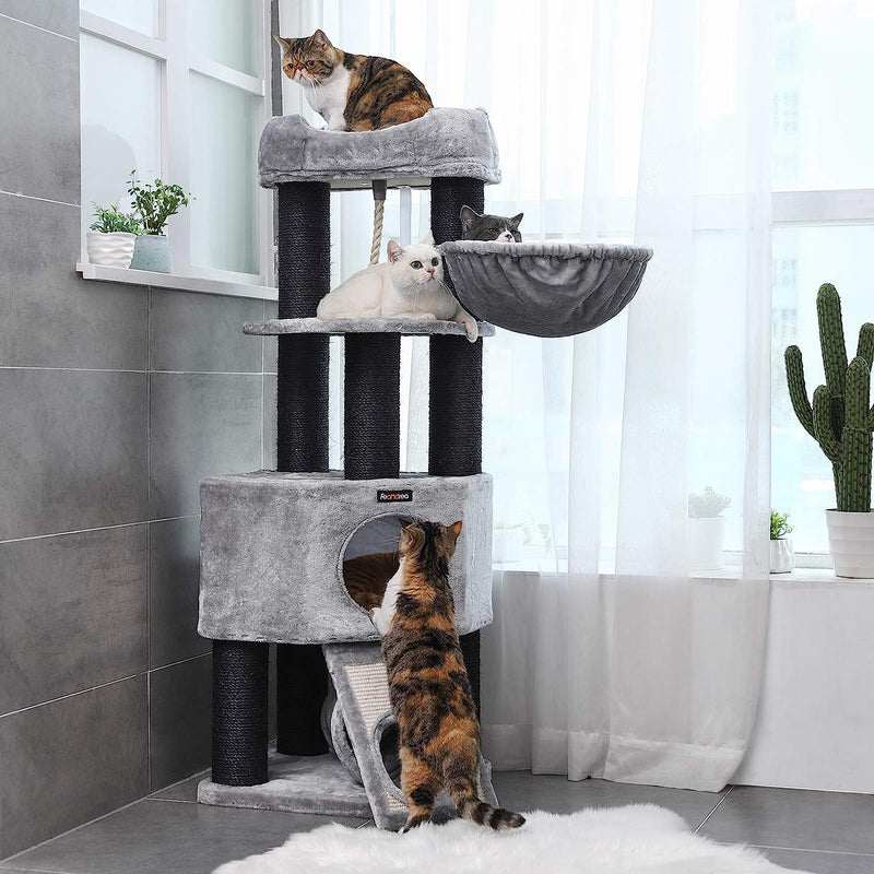 Cat Tree with Basket Lounger and Cuddle Cave - Light Grey