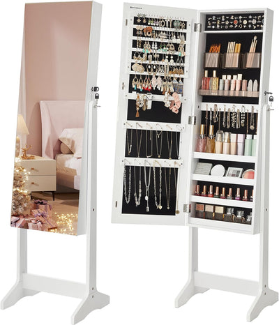 Standing Jewellery Cabinet With Full Body Mirror - White