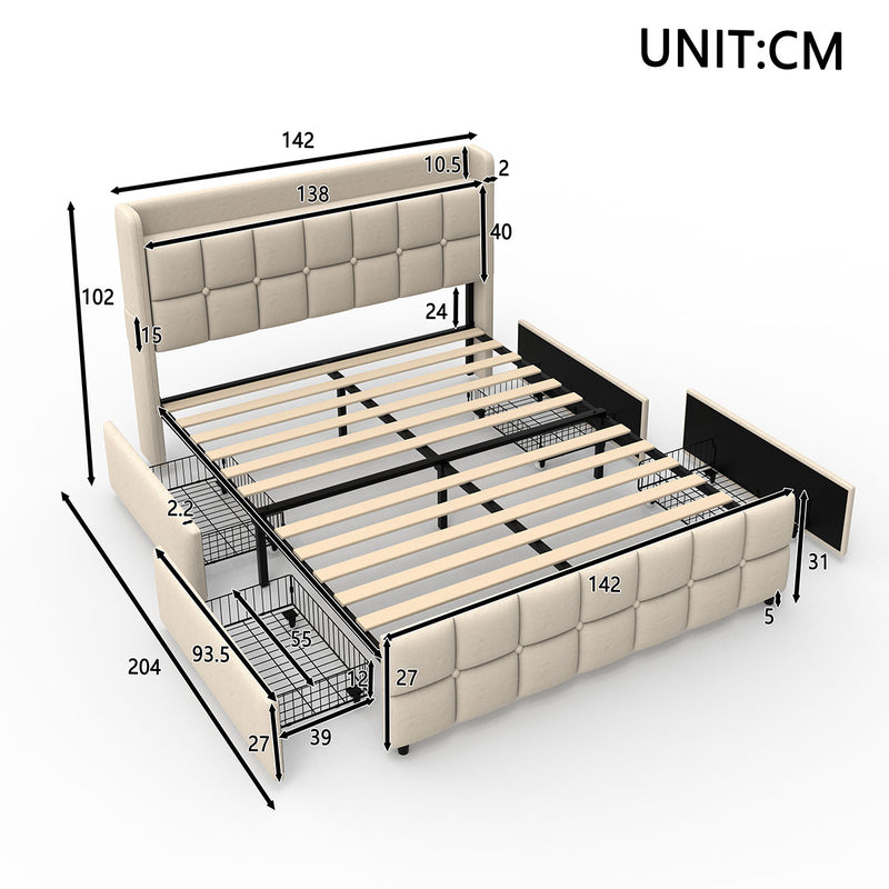 Phoenix Upholstered Fabric Storage Bed  – Beige (Double)