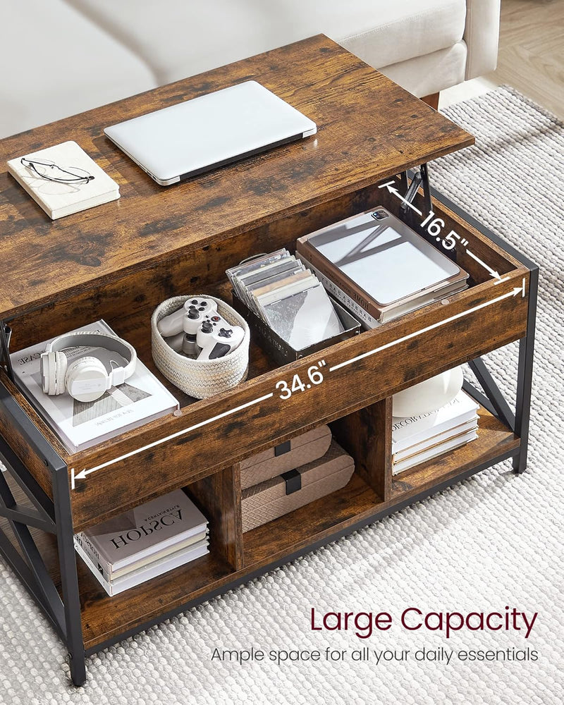 Lift Top Coffee Table with Storage Shelf - Rustic Brown