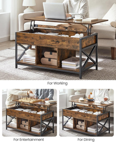 Lift Top Coffee Table with Storage Shelf - Rustic Brown
