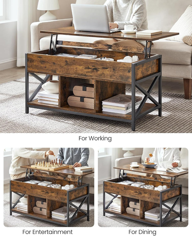 Lift Top Coffee Table with Storage Shelf - Rustic Brown