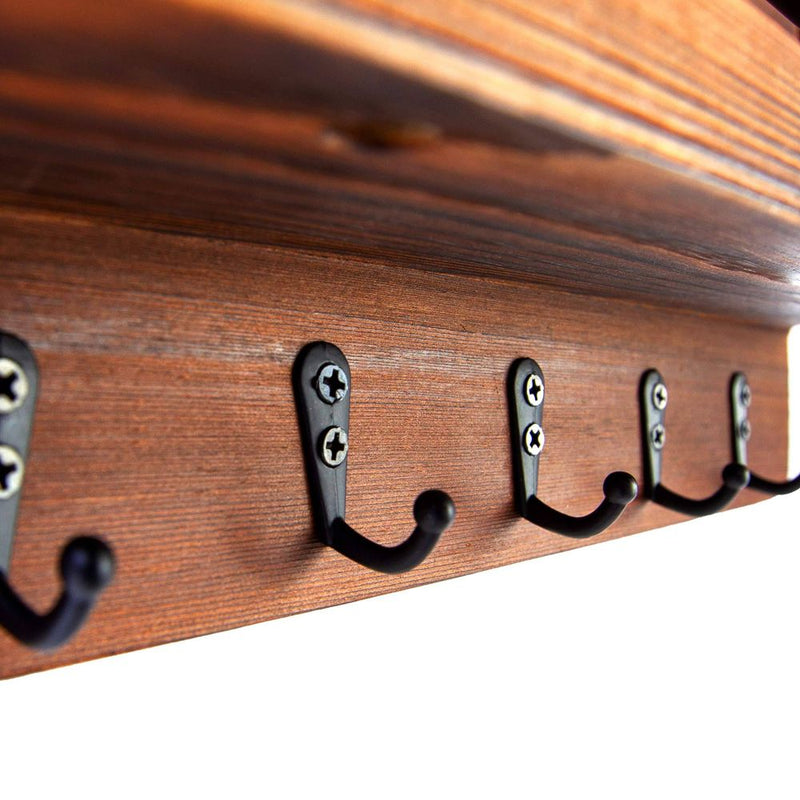 Wooden Wall Key Holder with 5 Hooks & Shelf