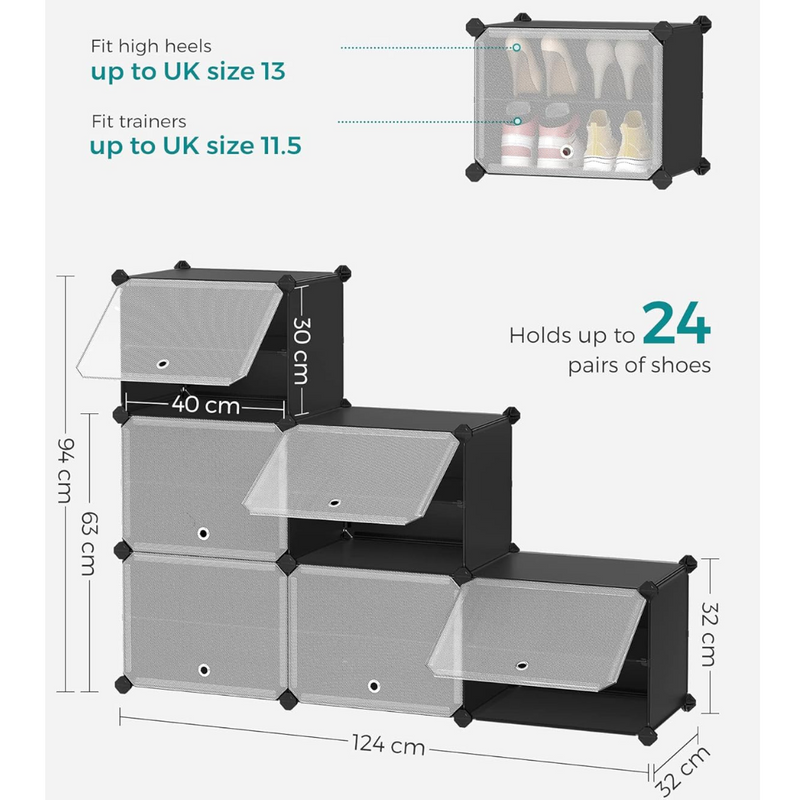 Cubes Shoe Organiser with Doors Black (Set of 6)