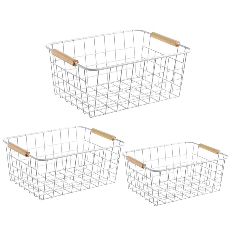 3 Pack White Wire Storage Baskets with Wooden Handles