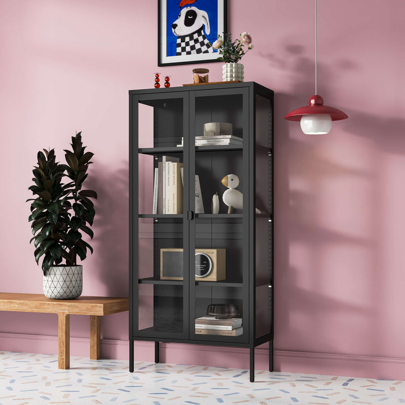 Ferro 4-Tier Tempered Glass Two Door Rack - Black