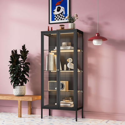 Ferro Black Glass Display Cabinet with Lights
