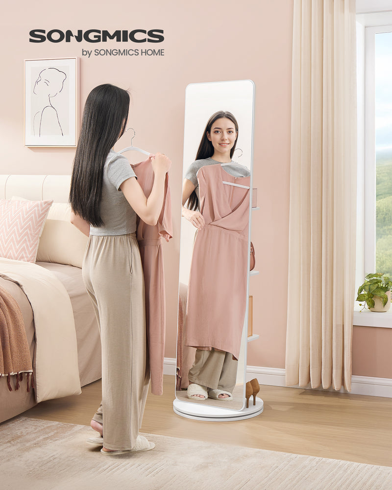 Standing Mirror with Shelves & Hooks – Cloud White