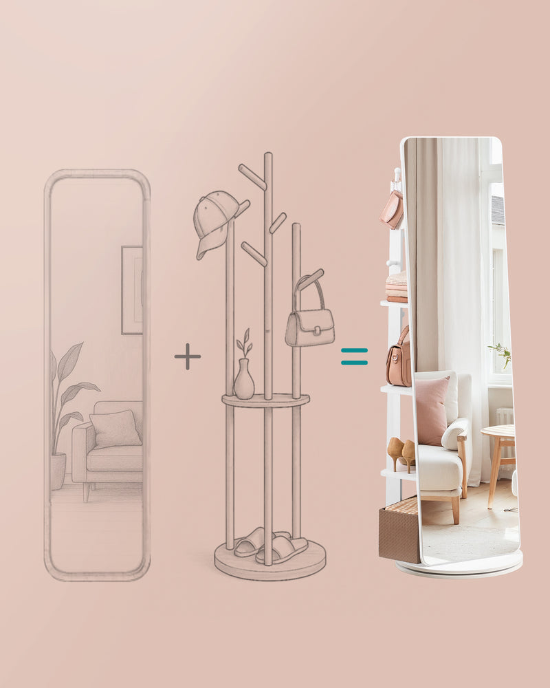 Standing Mirror with Shelves & Hooks – Cloud White