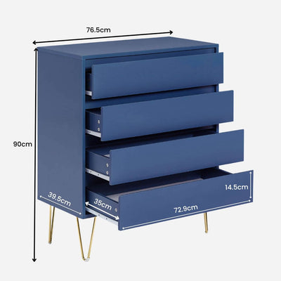 Nia 4 Drawers Tallboy with Gold Base - Navy Blue