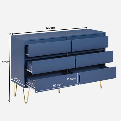 Nia 6 Drawers Tallboy with Gold Base - Navy Blue