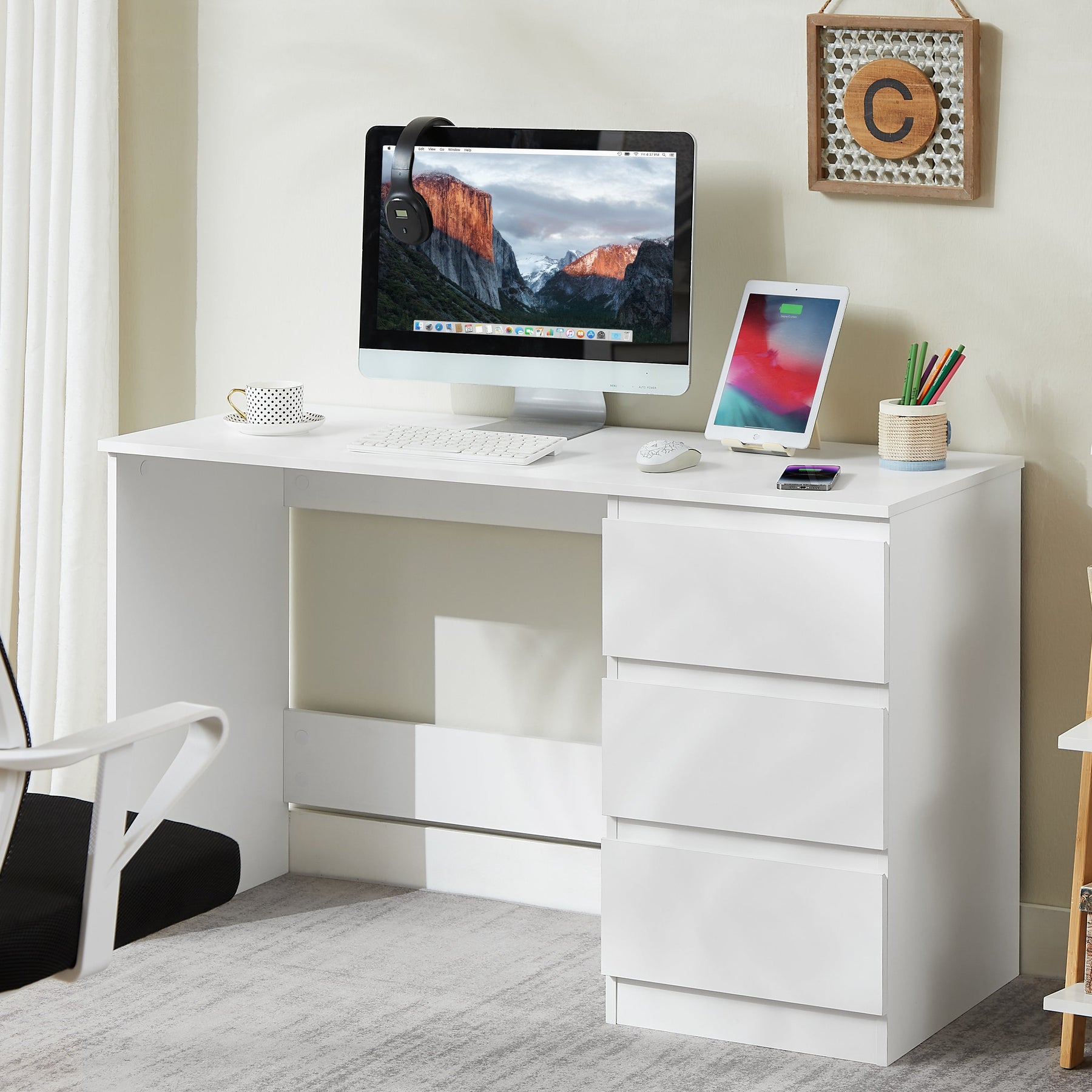 Nola Office Desk Dressing Table With 3 Drawers - White – Space General