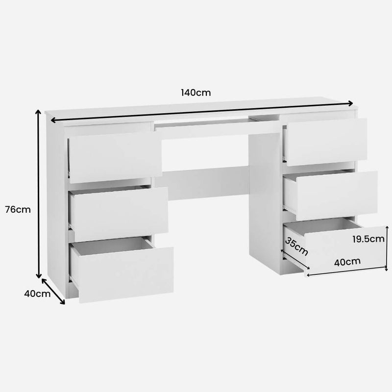 Nola Office Desk Dressing Table With 6 Drawers - White