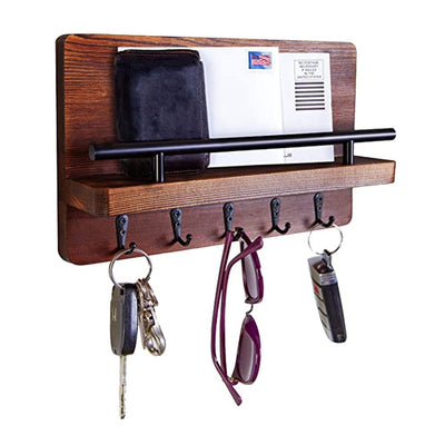 Wooden Wall Key Holder with 5 Hooks & Shelf