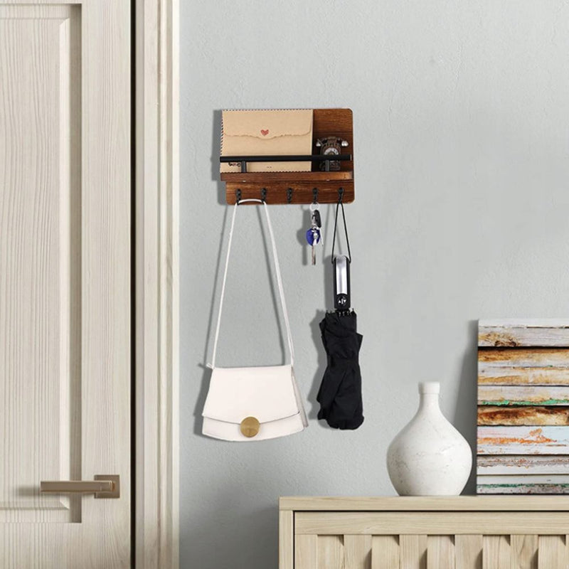 Wooden Wall Key Holder with 5 Hooks & Shelf