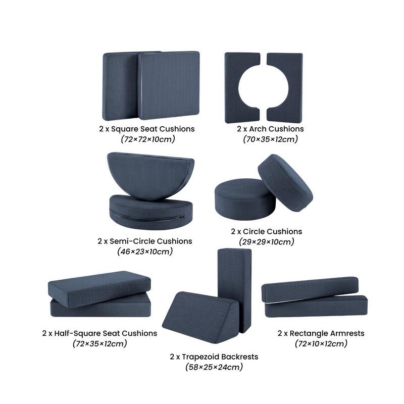 Modular Kids Play Couch – 14Pcs Convertible Sofa (Denim Blue)
