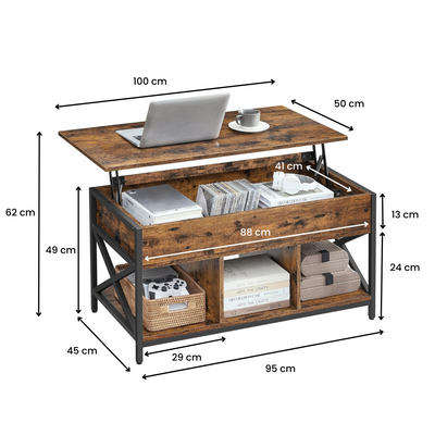 Lift Top Coffee Table with Storage Shelf - Rustic Brown