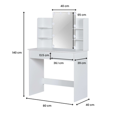 Ruby Dressing Table with LED Lights & Fabric Stool – White
