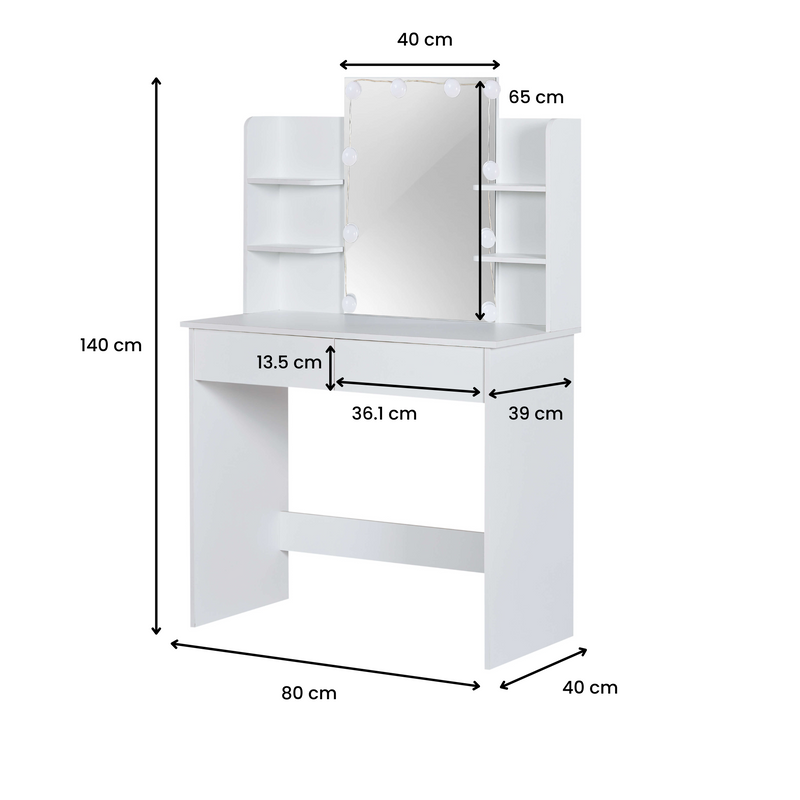 Ruby Dressing Table with LED Lights & Fabric Stool – White