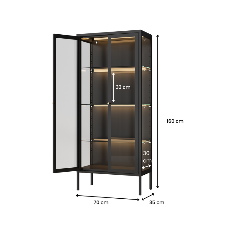 Ferro Black Glass Display Cabinet with Lights
