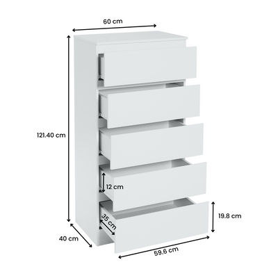 Nola 5 Drawers Slim Tallboy - White