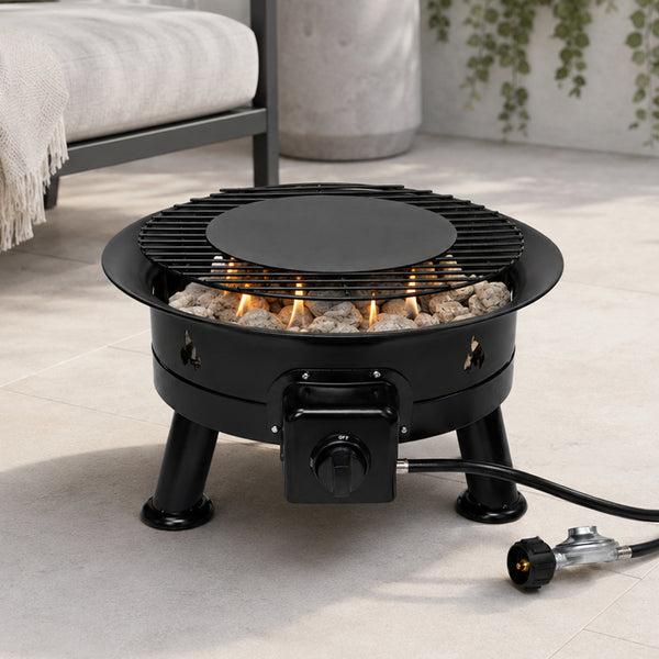 Portable Outdoor Gas Fire Pit with Lava Rocks & Cover