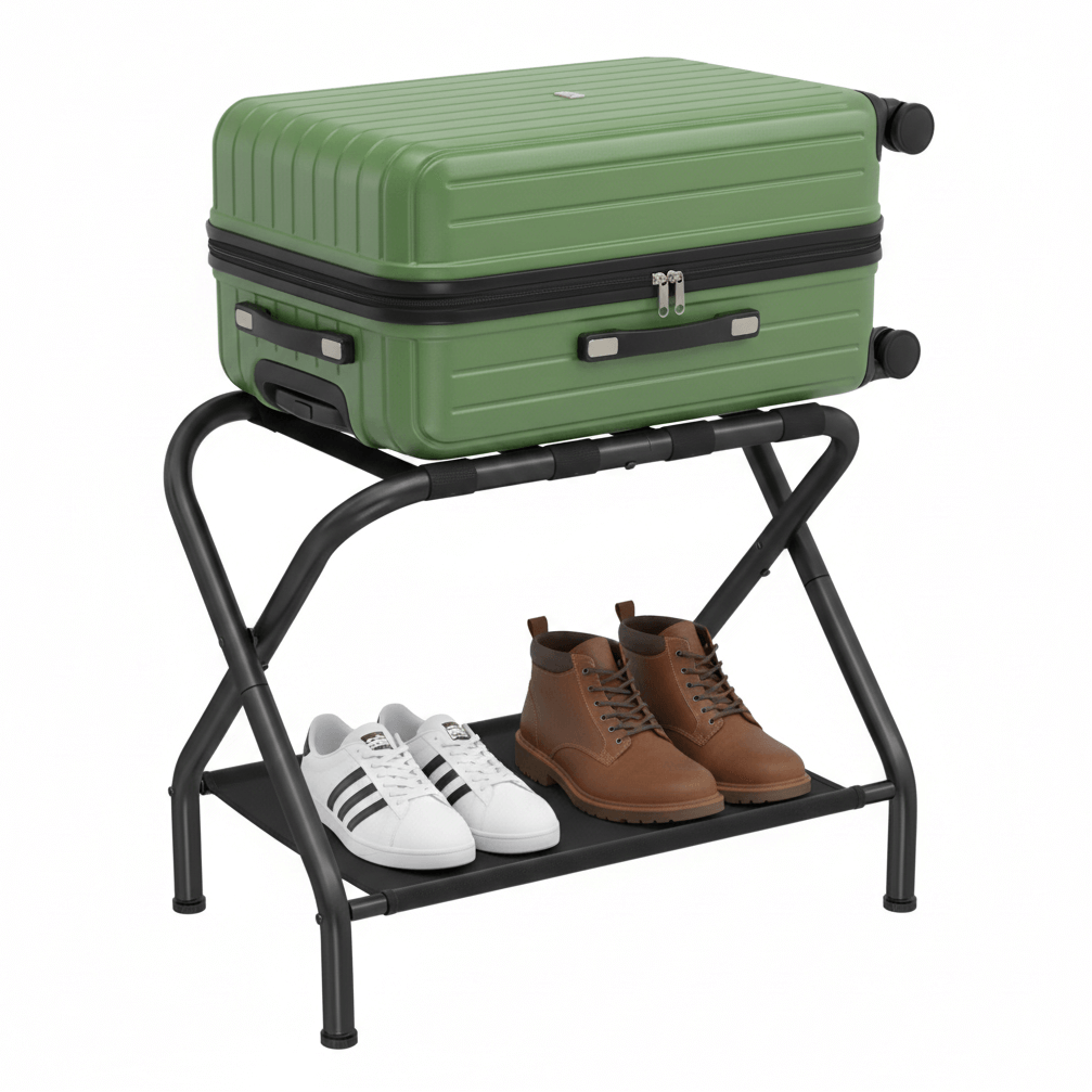Luggage Rack Sliding Storage Rack Luggage Rack Black - Foldable with Storage Shelf – Space General